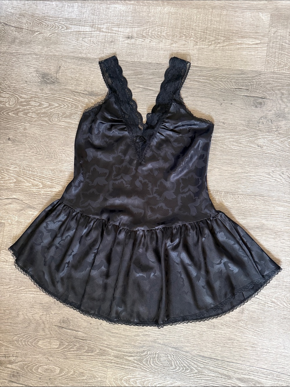 Satin Lace-Trim Peplum Chemise in Black